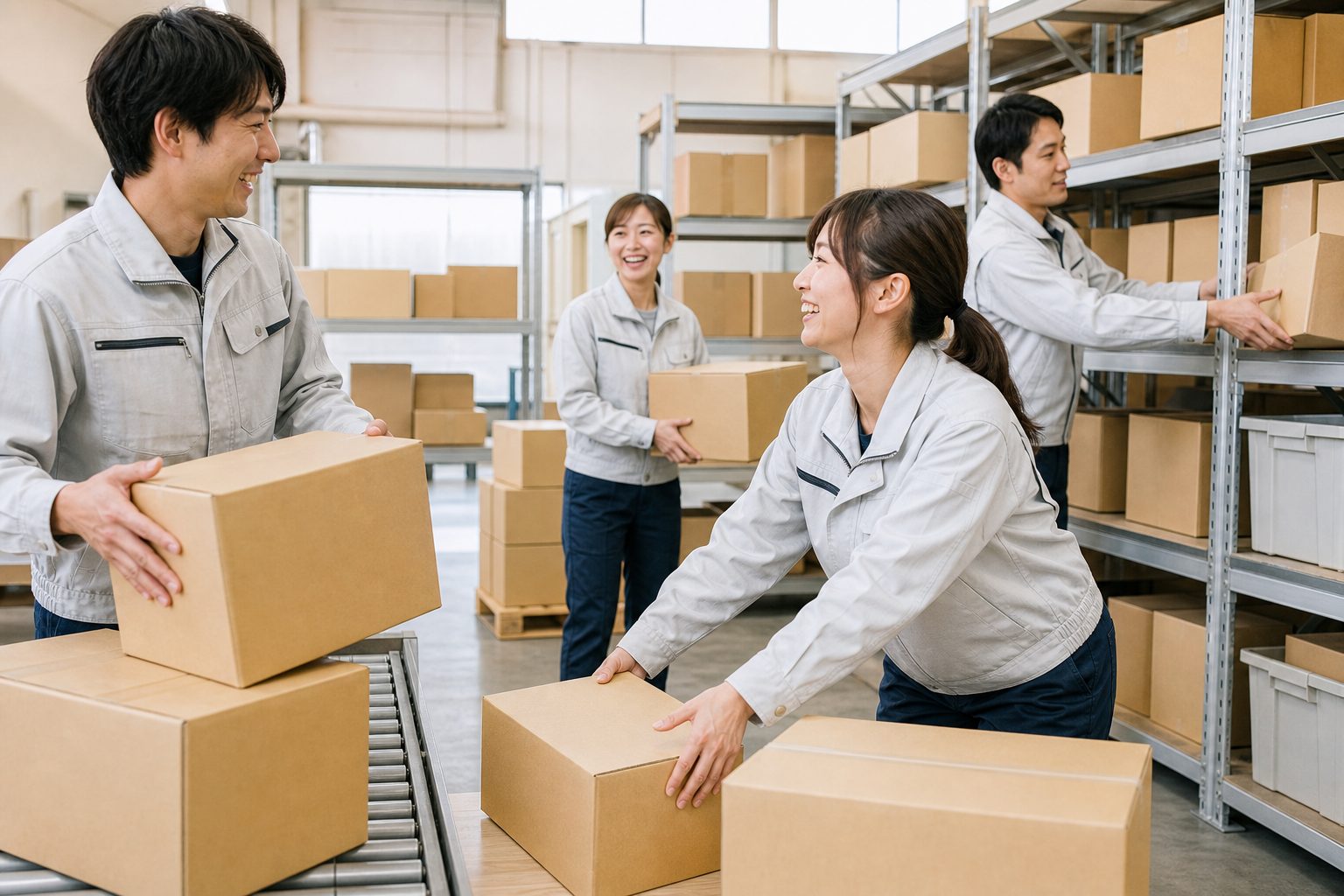 倉庫で声を掛け合いながら仕分けをするスタッフ