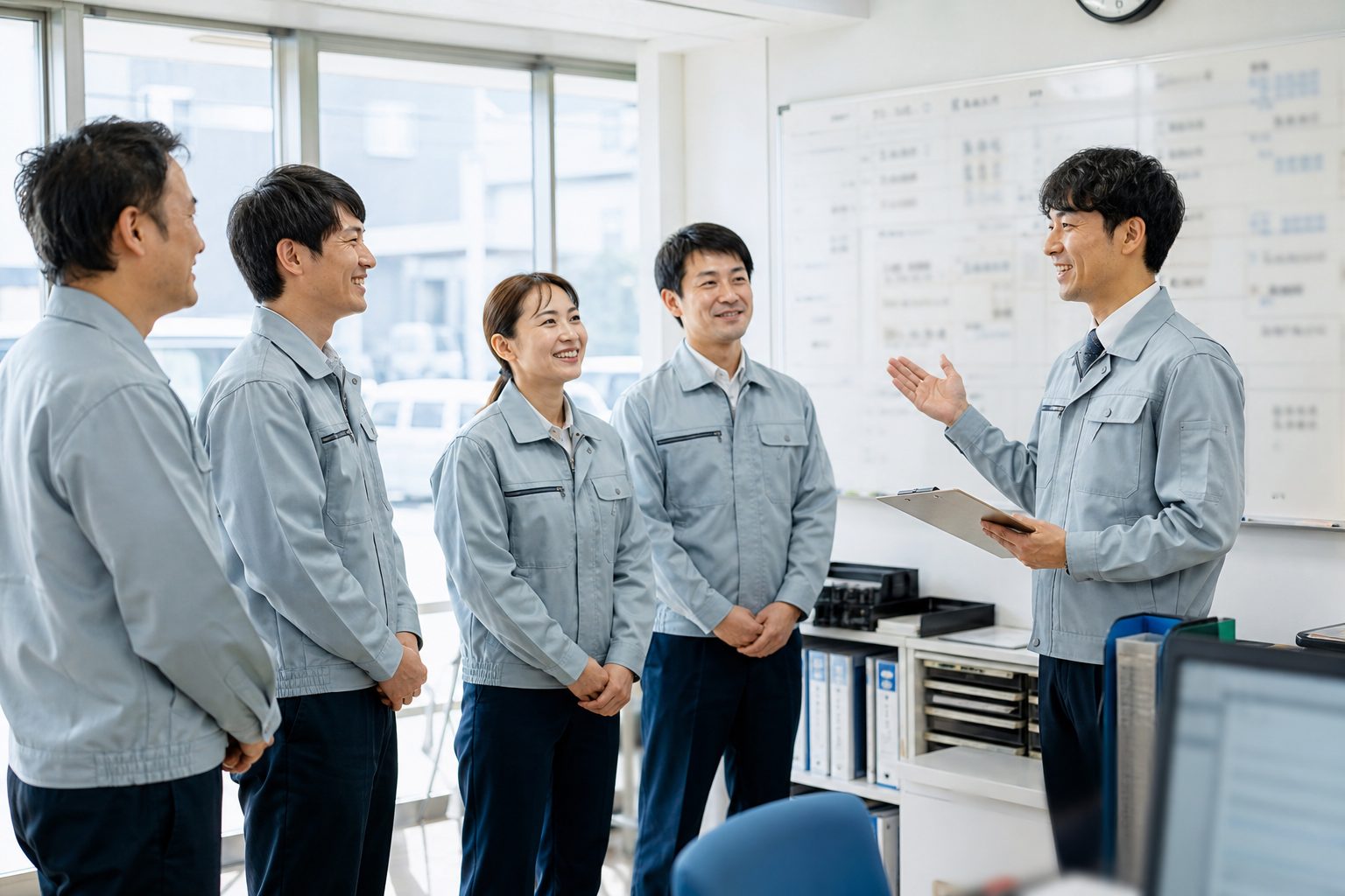 朝の点呼で、運行前の確認をし合うスタッフ