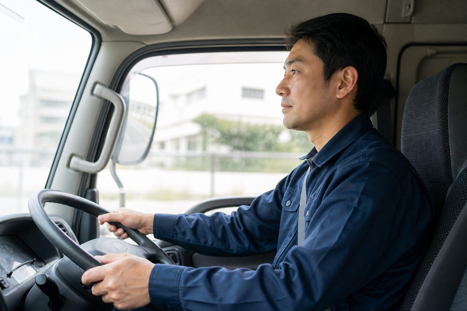 明るい日差しの中、前を見て運転するドライバー